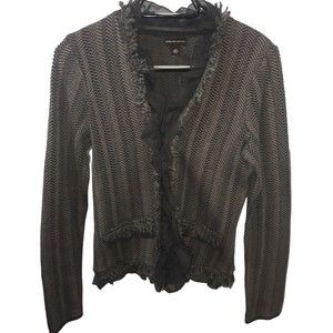 Dana Buchman Wool Blend Gray Brown Fringe Ruffle Cardigan Sweater Women Sz XS
